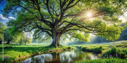 A majestic tree with spreading branches casts a long shadow on a serene river winding through a lush meadow, sunlight filtering through the leaves creating a dappled effect on the water