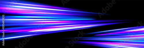 Neon glowing dynamic stripe background. Blue pink speed light trace. Exposure trail flare line texture. Luminous laser rays or beams wallpaper design. Futuristic neon speedy streak backdrop. Vector
