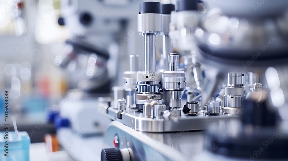 Close-up of detailed scientific instruments in a lab, featuring precision components and clean surfaces Close-up of detailed scientific instruments in a lab, featuring precision components and clean surfaces