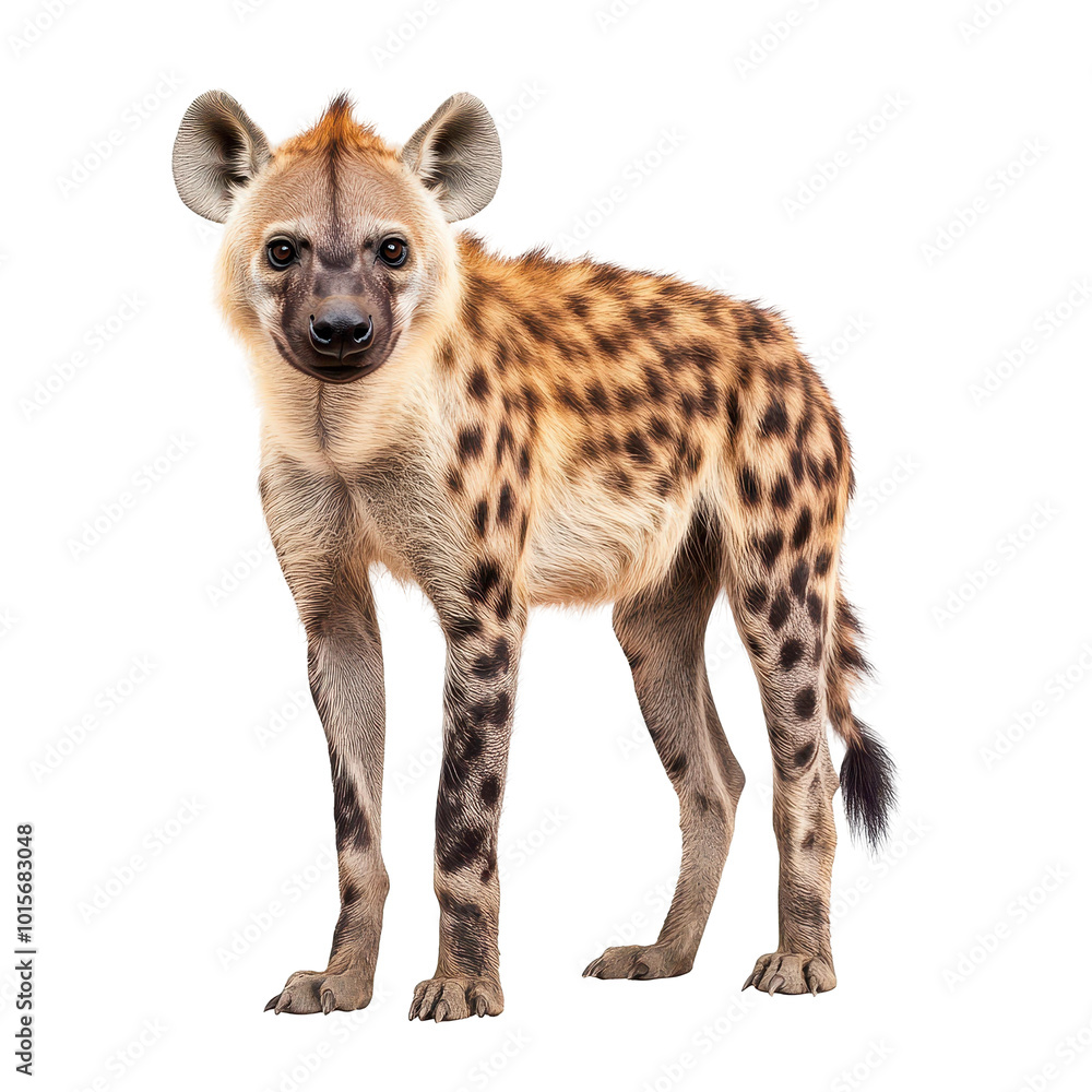 A striking hyena stands alone against a white backdrop, showcasing its unique features and wild allure. A striking hyena stands alone against a white backdrop, showcasing its unique features and wild allure.