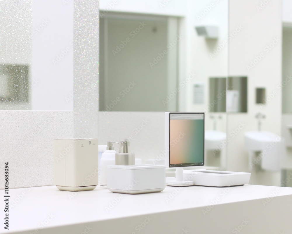 Fototapeta premium Futuristic Minimalist Biohacking Station with Smart Gadgets in Modern Silver and White Interior