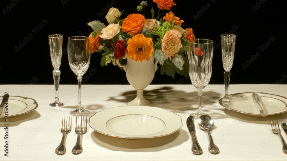 Elegant Anniversary Table Setting with Crystal Glassware and Floral Centerpiece Elegant Anniversary Table Setting with Crystal Glassware and Floral Centerpiece