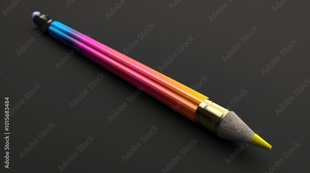 A vibrant, multicolored pencil with a unique brush tip, set against a dark background. The striking design blends creativity and functionality, perfect for illustrating creative and artistic themes. A vibrant, multicolored pencil with a unique brush tip, set against a dark background. The striking design blends creativity and functionality, perfect for illustrating creative and artistic themes.