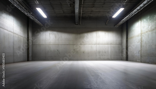 Empty Concrete Room: Industrial Minimalism. A stark, spacious interior with clean lines and subtle lighting, evoking a sense of calm and quietude.