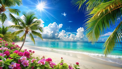 Sunlight Filtering Through Palm Fronds, Illuminating a Pristine Beach with Vibrant Flowers and Tranquil Turquoise Waters