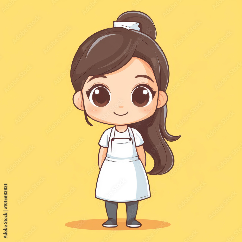 Cute chibi character in a vibrant kitchen apron, ready to whip up delicious meals in a playful flat design style. Cute chibi character in a vibrant kitchen apron, ready to whip up delicious meals in a playful flat design style.