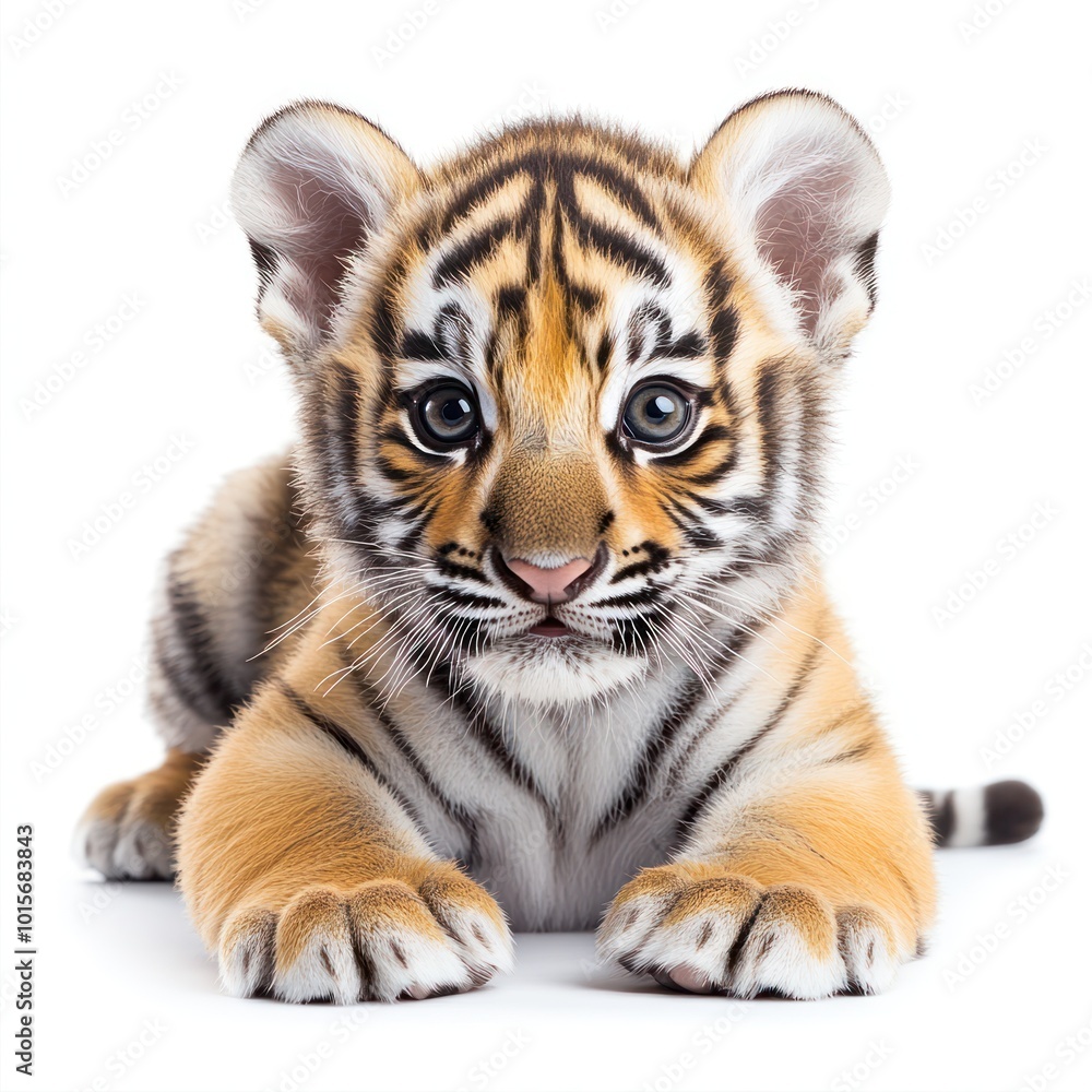 Fototapeta premium A cute baby tiger cub, isolated on a clean white background, showcasing its soft fur and curious eyes