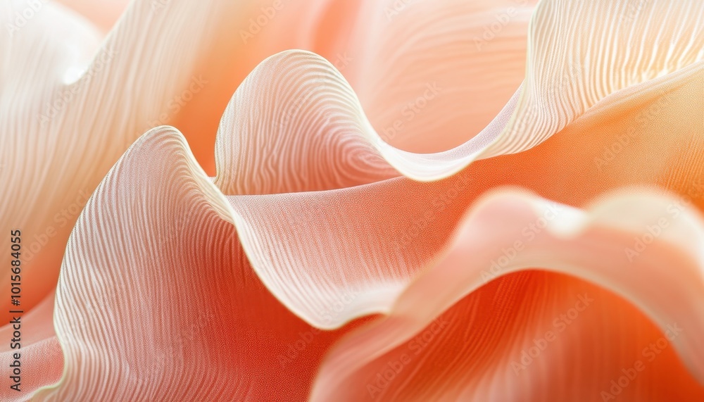 Close-up of Soft, Wavy, Peach-Colored Fabric with Intricate Texture Close-up of Soft, Wavy, Peach-Colored Fabric with Intricate Texture