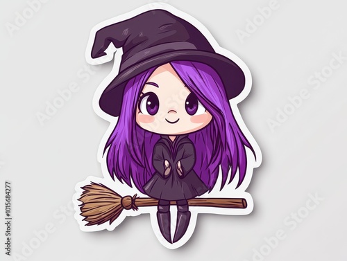 A Cartoon Witch with Purple Hair Flying on a Broom