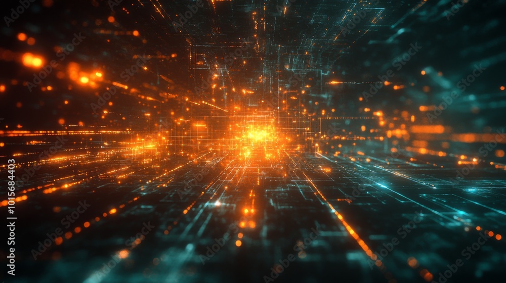 Obraz premium Abstract digital landscape with glowing orange and blue lines