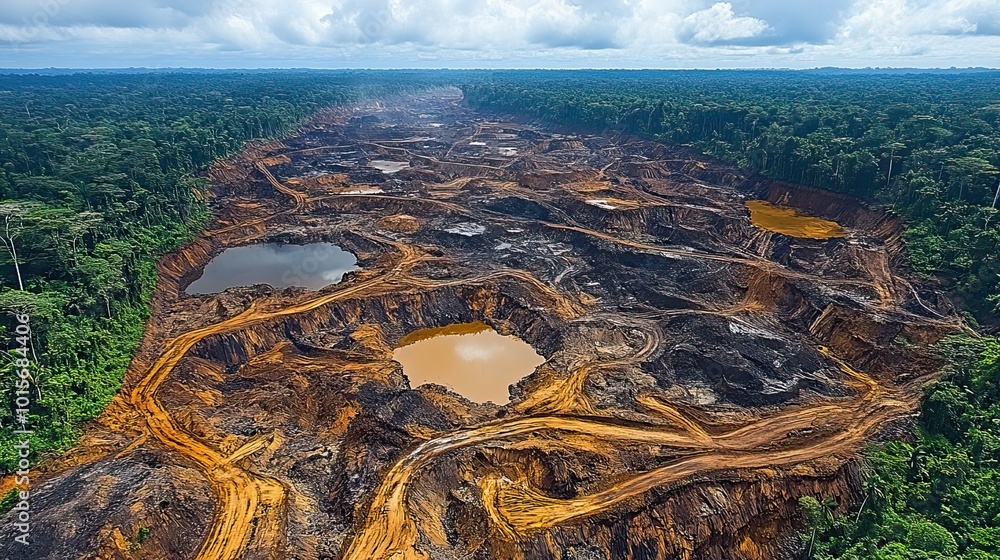 Aerial view of a deforested Amazon rainforest region, with evidence of ...