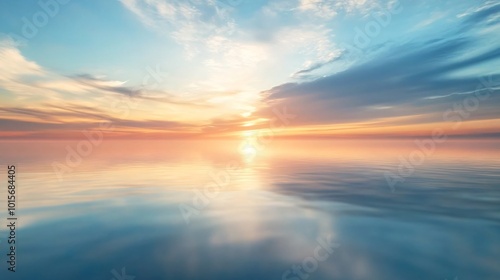 Calm blue water reflecting the golden hour sky with fluffy clouds.