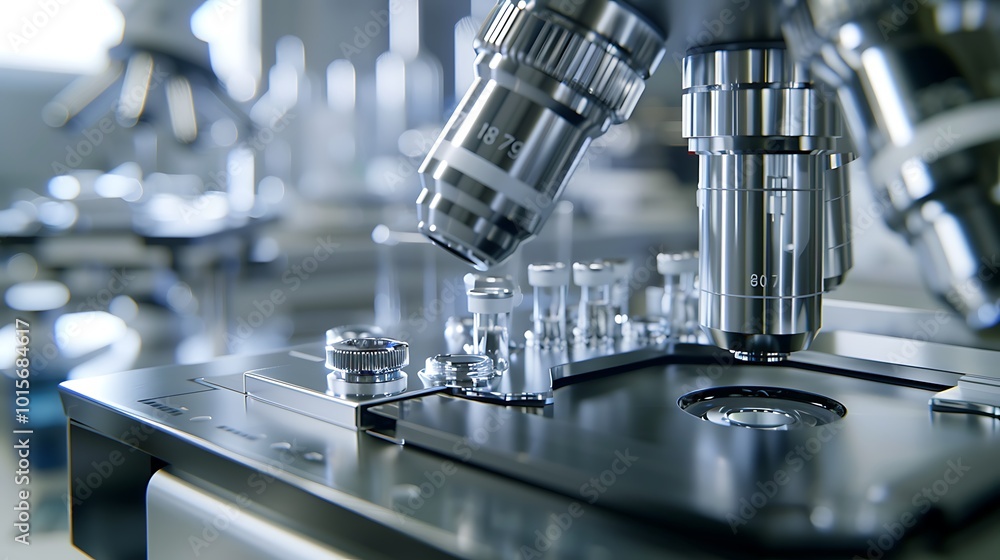 Close-up of metallic scientific instruments in a laboratory setting, showcasing detailed textures and precision Close-up of metallic scientific instruments in a laboratory setting, showcasing detailed textures and precision