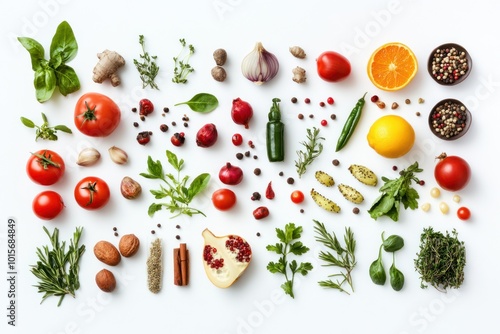 A mix of organic food, isolated on white, showcasing their natural details and colors