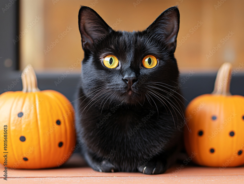 A black cat sits in front of two pumpkins. The cat is looking at the camera. halloween theme A black cat sits in front of two pumpkins. The cat is looking at the camera. halloween theme