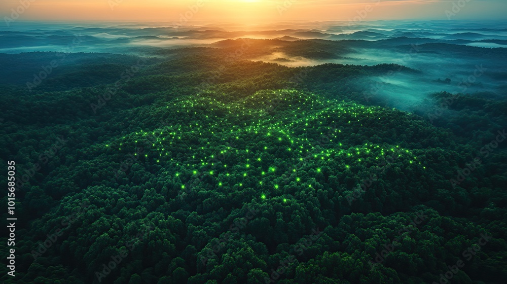 Aerial view of a green forest at dawn, with glowing technological communication lines crossing the natural landscape. Aerial view of a green forest at dawn, with glowing technological communication lines crossing the natural landscape.