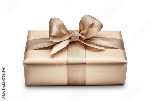 A luxury gift wrapped in elegant paper and bow, isolated on white, showcasing premium quality