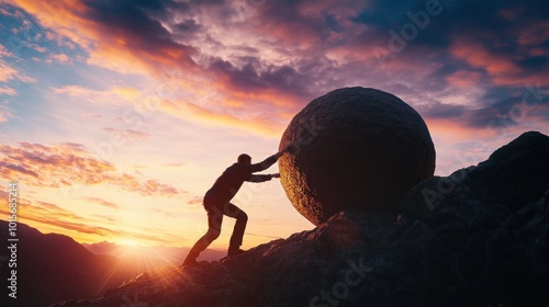 Man Pushing Boulder Up Mountain at Sunset