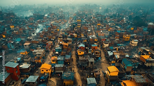 Aerial view of a large urban slum, showing the densely packed houses and the challenging living conditions.