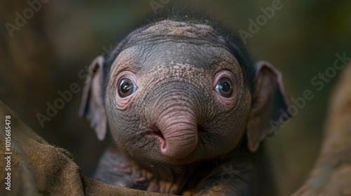 A baby elephant, isolated from background, with wrinkled skin and large, expressive eyes