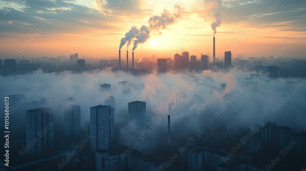 Obraz premium Aerial view of a polluted city reveals thick smog and dangerous air quality, consequences of industrial activities.