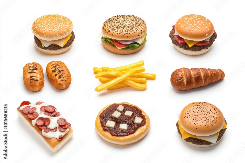 Fast food arranged neatly, isolated on white, focus on iconic presentation Fast food arranged neatly, isolated on white, focus on iconic presentation