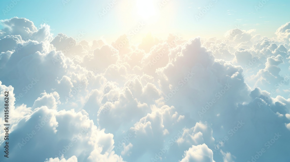 A captivating view of fluffy clouds illuminated by bright sunlight. The soft clouds and glowing sun combine to create a tranquil and heavenly atmosphere, perfect for travel, nature, or spiritual A captivating view of fluffy clouds illuminated by bright sunlight. The soft clouds and glowing sun combine to create a tranquil and heavenly atmosphere, perfect for travel, nature, or spiritual
