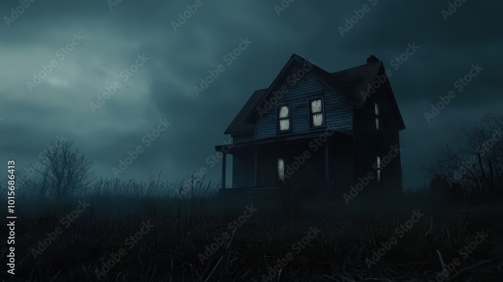 A Dark House with Glowing Windows in a Field of Grass under a Cloudy Night Sky A Dark House with Glowing Windows in a Field of Grass under a Cloudy Night Sky