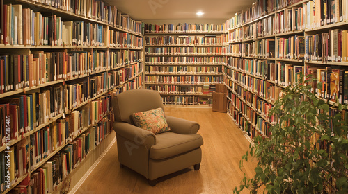 The image features a cozy armchair in a well-lit library filled with books. The environment suggests a quiet, comfortable place for reading and relaxation.