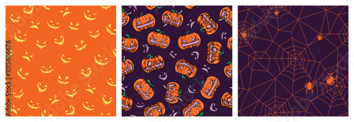 set seamless pattern of pumpkin head lights, eye, bat on black and orange background. lantern in Halloween party celebration. vector