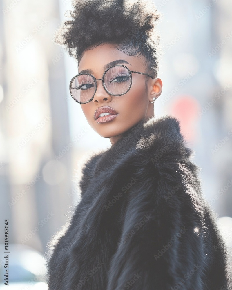 Young Black Woman in Faux Fur Jacket with Stylish Glasses in Street Style Young Black Woman in Faux Fur Jacket with Stylish Glasses in Street Style