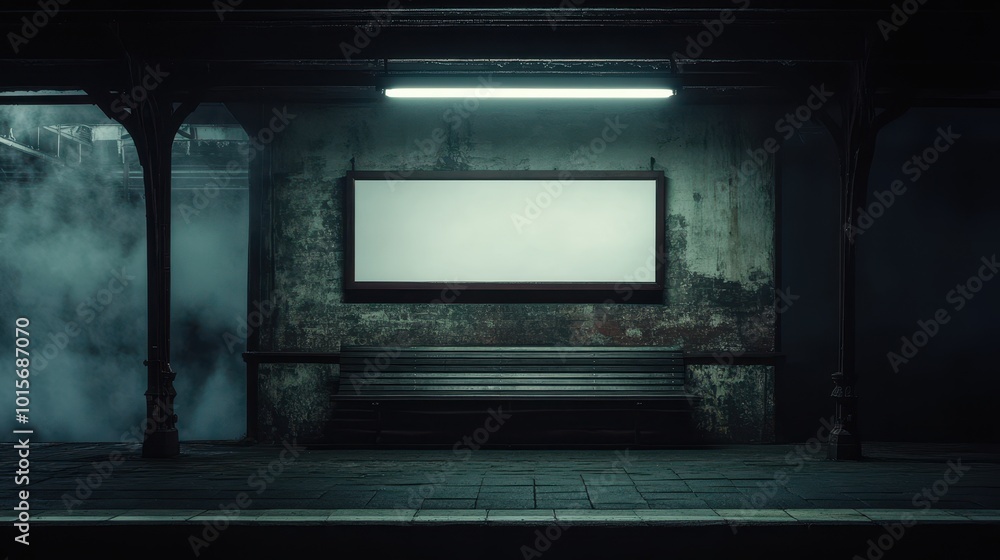 Empty Train Station Platform at Night with a Blank Advertisement Sign Empty Train Station Platform at Night with a Blank Advertisement Sign