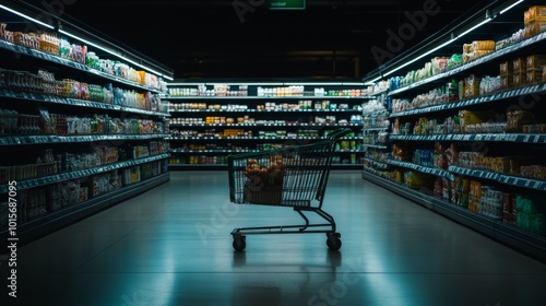A nearly empty shopping cart holds basic groceries like bread, milk, and eggs, situated in a dim supermarket aisle that emphasizes rising prices and limited stock