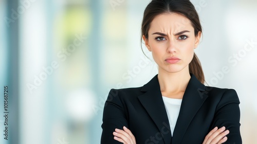 A stern businesswoman stands with her arms crossed, her displeasure evident against a blurred office backdrop. photo