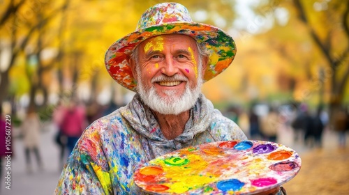 A vibrant scene featuring an elderly artist wearing a paintsplattered hat, immersed in creative expression against a soft backdrop. photo