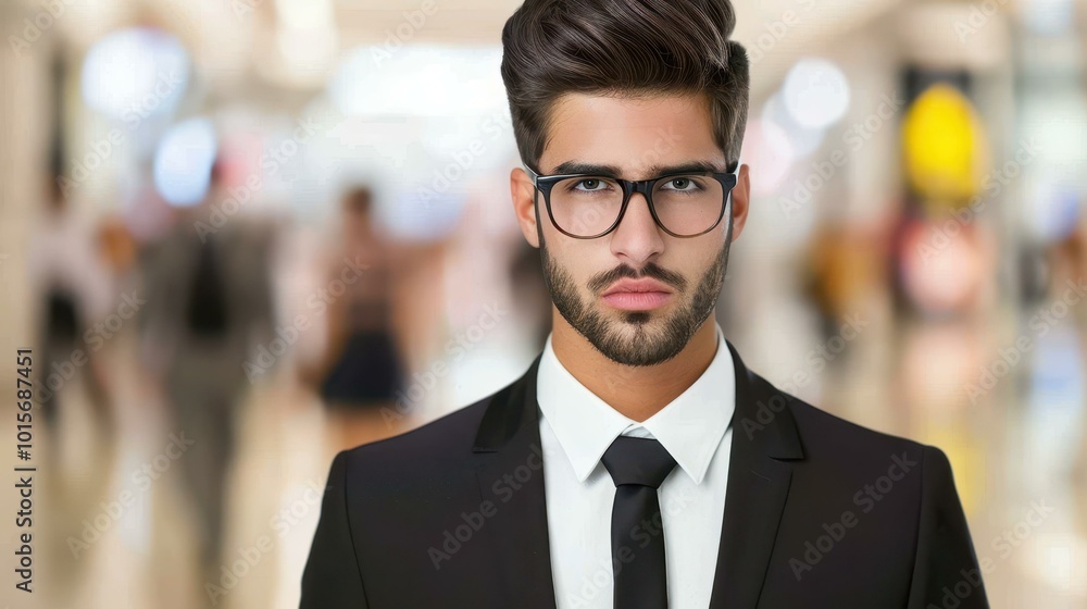 Fototapeta premium A professional man in a suit exudes confidence in a blurred office, representing success and ambition in his career.