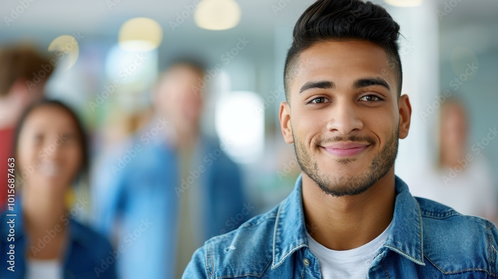 Fototapeta premium A happy man in a denim jacket beams at the camera, while his team shares a light moment in a vibrant office space.