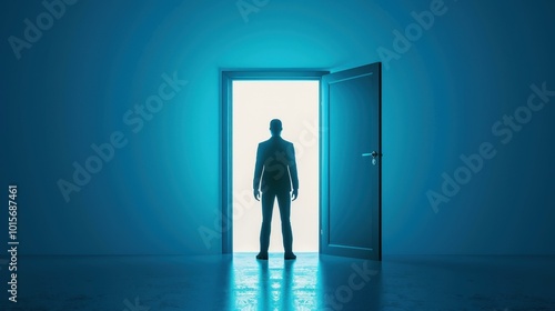 A businessman stands at an open door, embodying the surreal blend of opportunity and freedom in a vibrant world.