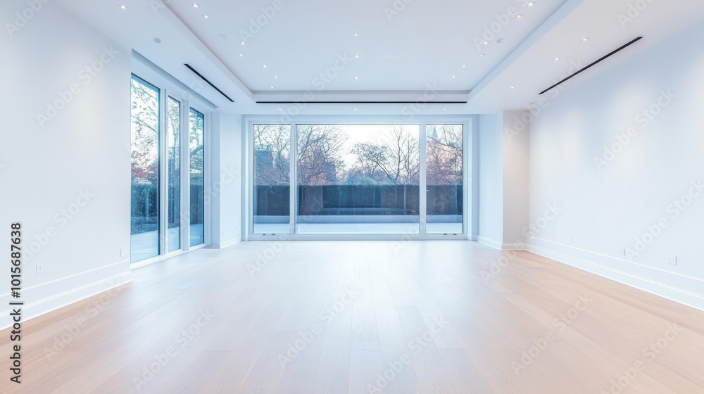 Fototapeta premium Empty room with large windows and hardwood floors.