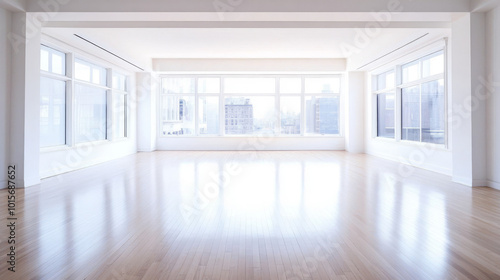 Empty room with large windows overlooking a city. The hardwood floor is gleaming and the walls are white.