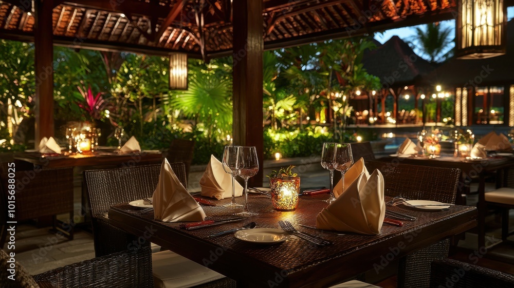 Fototapeta premium Intimate dining setup with ambient lighting and elegant table arrangements.