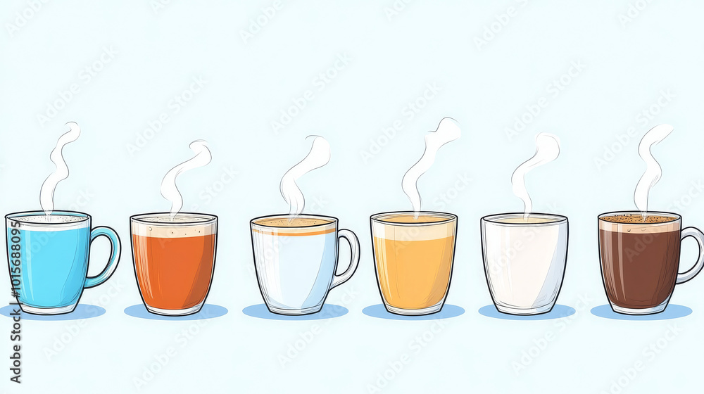 Obraz premium Six steaming mugs of coffee, tea, and other hot drinks.