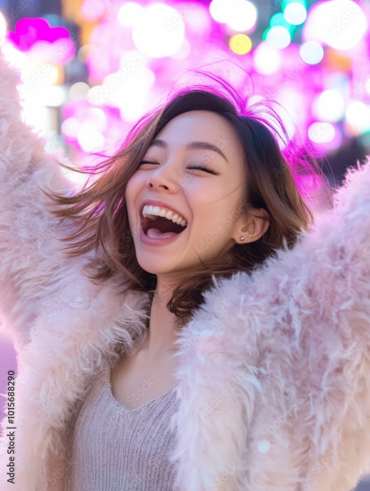Joyful Young Woman in Faux Fur Coat Dancing in Urban City Night Lights