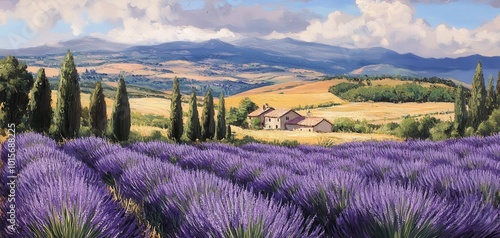 Lavender field under blue sky with mountains in the distance, vibrant colors.