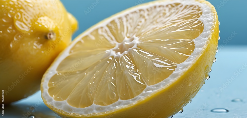 A Vibrant Lemon Slice with Water Droplets on a Crisp Blue Canvas A Vibrant Lemon Slice with Water Droplets on a Crisp Blue Canvas
