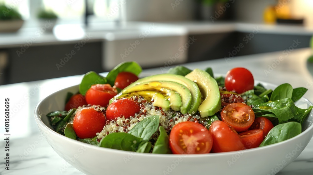 A beautifully arranged salad bowl filled with fresh spinach, cherry tomatoes, avocado slices, and quinoa, drizzled with olive oil, set on a marble countertop with a modern kitchen in the background A beautifully arranged salad bowl filled with fresh spinach, cherry tomatoes, avocado slices, and quinoa, drizzled with olive oil, set on a marble countertop with a modern kitchen in the background