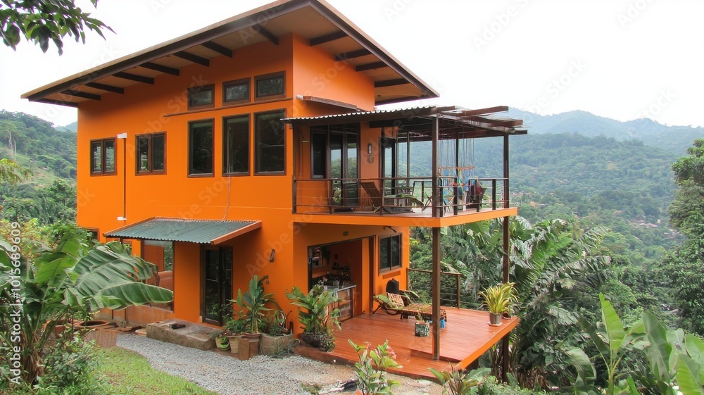 Modern orange house with panoramic mountain views and lush greenery. Modern orange house with panoramic mountain views and lush greenery.
