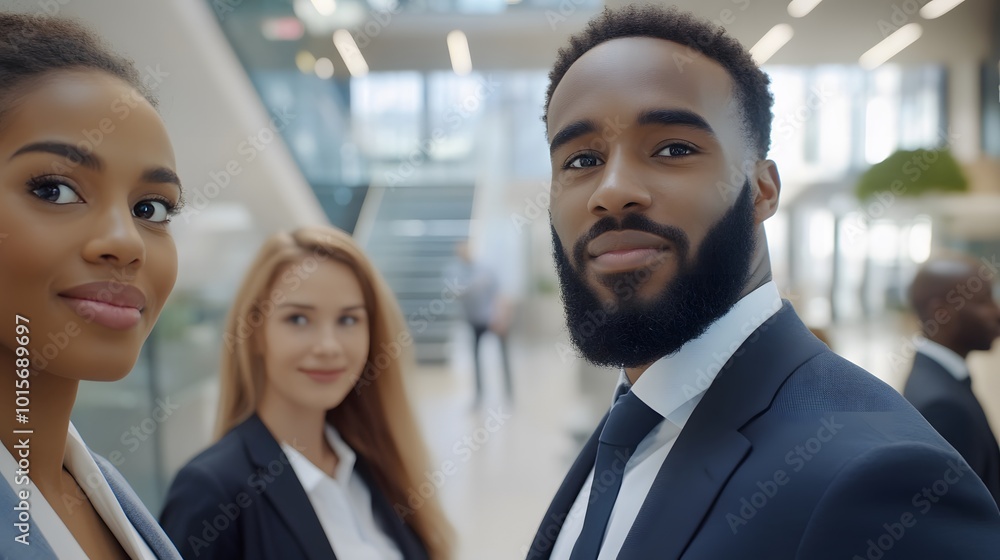 Diverse group of professionals in business attire standing confidently in modern office lobby, symbolizing dynamic labor market and urban work environment Diverse group of professionals in business attire standing confidently in modern office lobby, symbolizing dynamic labor market and urban work environment