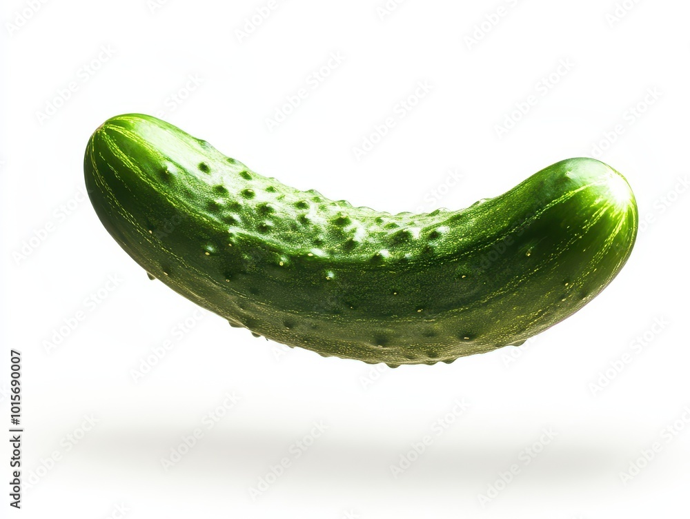 A Green Cucumber Floating in Mid-Air Against a White Background A Green Cucumber Floating in Mid-Air Against a White Background