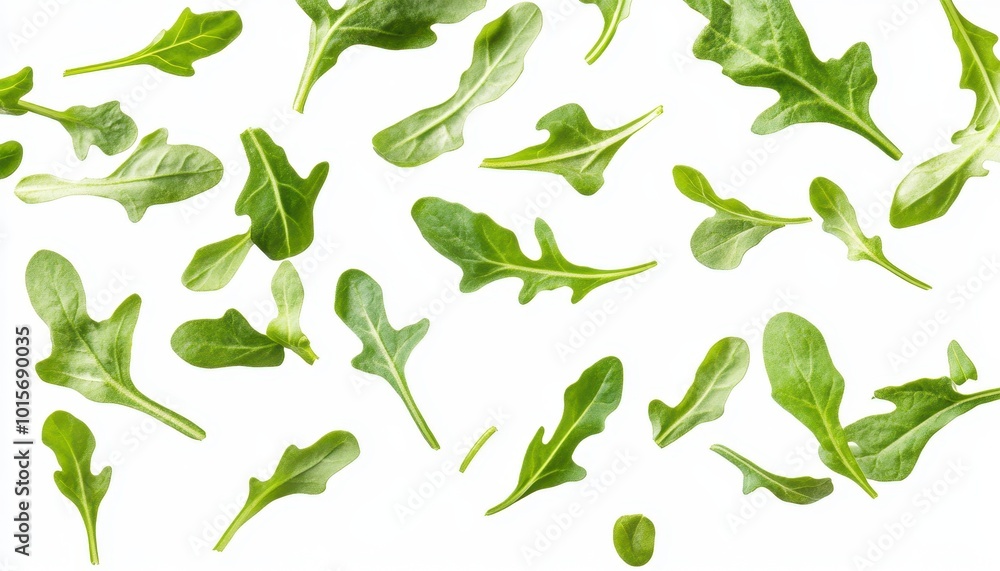 Scattered Green Rocket Salad Leaves Isolated on White Background Scattered Green Rocket Salad Leaves Isolated on White Background